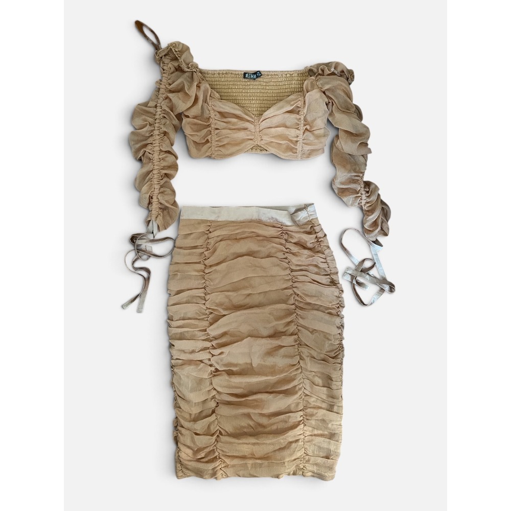 Rehab Women Champagne Ruched 2 Piece Set Crop Top Midi Skirt Size L